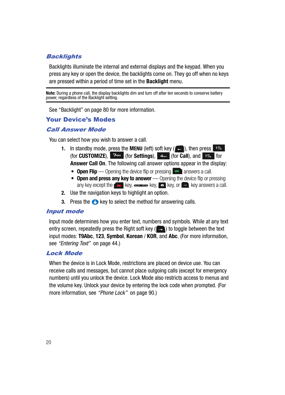 Backlights, Your device’s modes, Call answer mode | Input mode, Lock mode | Samsung SPH-A513BKASKE User Manual | Page 20 / 197
