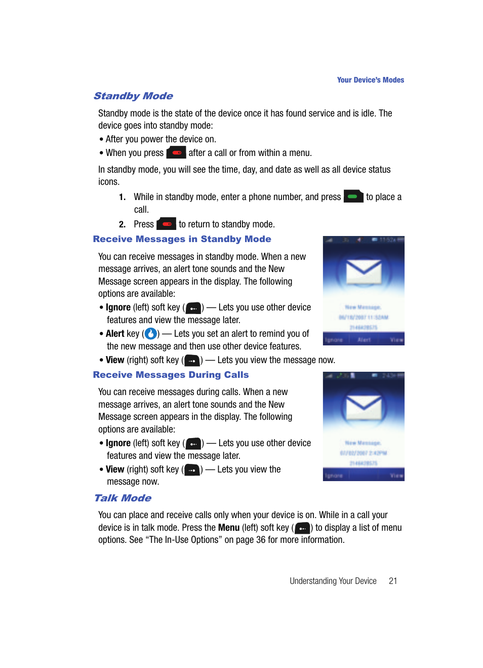 Standby mode, Receive messages in standby mode, Receive messages during calls | Talk mode | Samsung SPH-A513BKASKE User Manual | Page 21 / 197