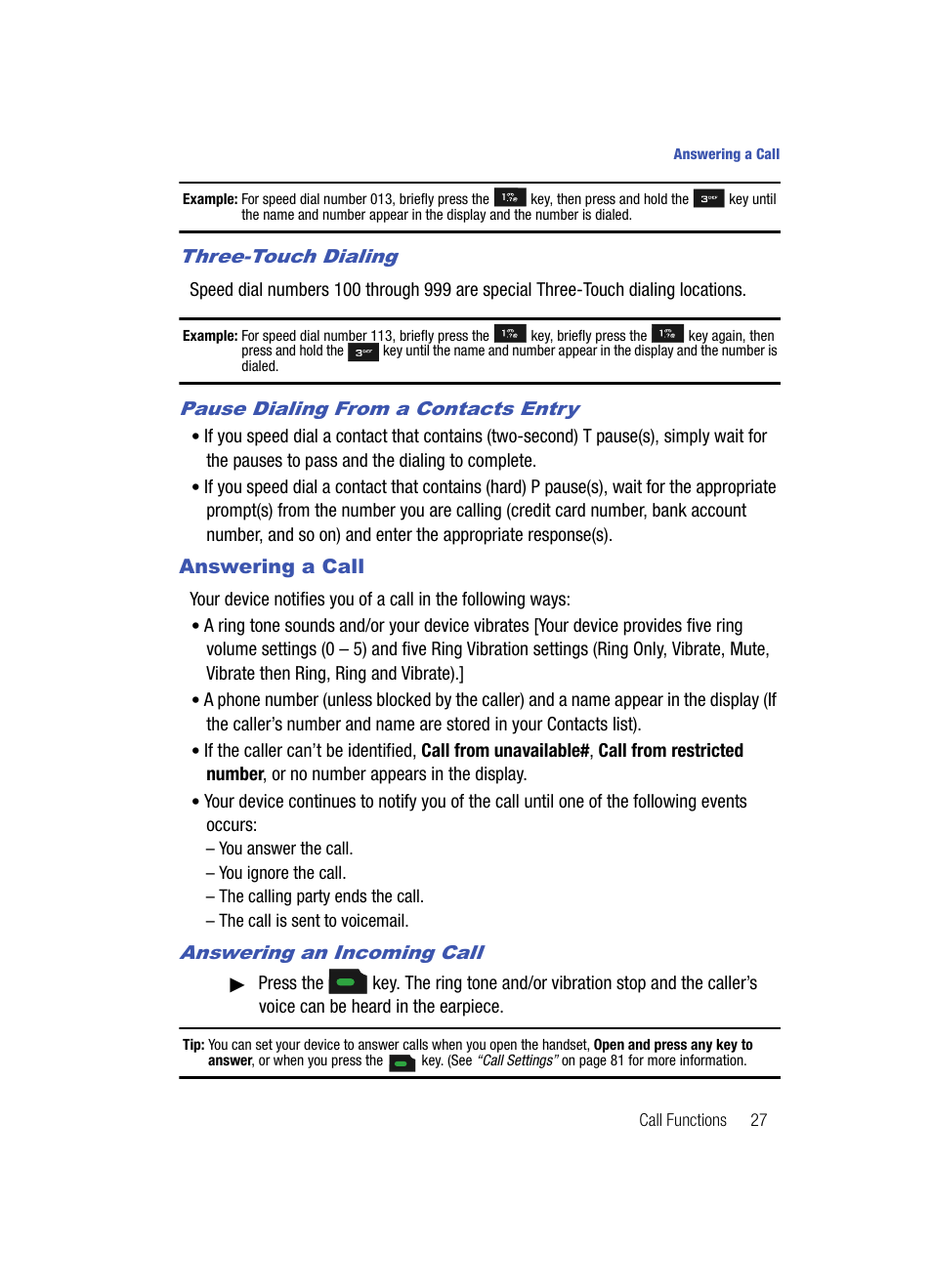 Three-touch dialing, Pause dialing from a contacts entry, Answering a call | Answering an incoming call | Samsung SPH-A513BKASKE User Manual | Page 27 / 197