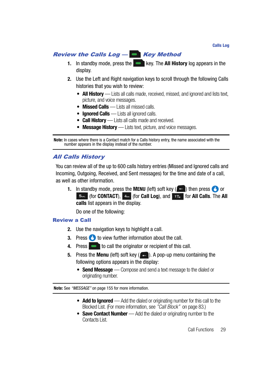 Review the calls log - key method, All calls history, Review a call | Samsung SPH-A513BKASKE User Manual | Page 29 / 197