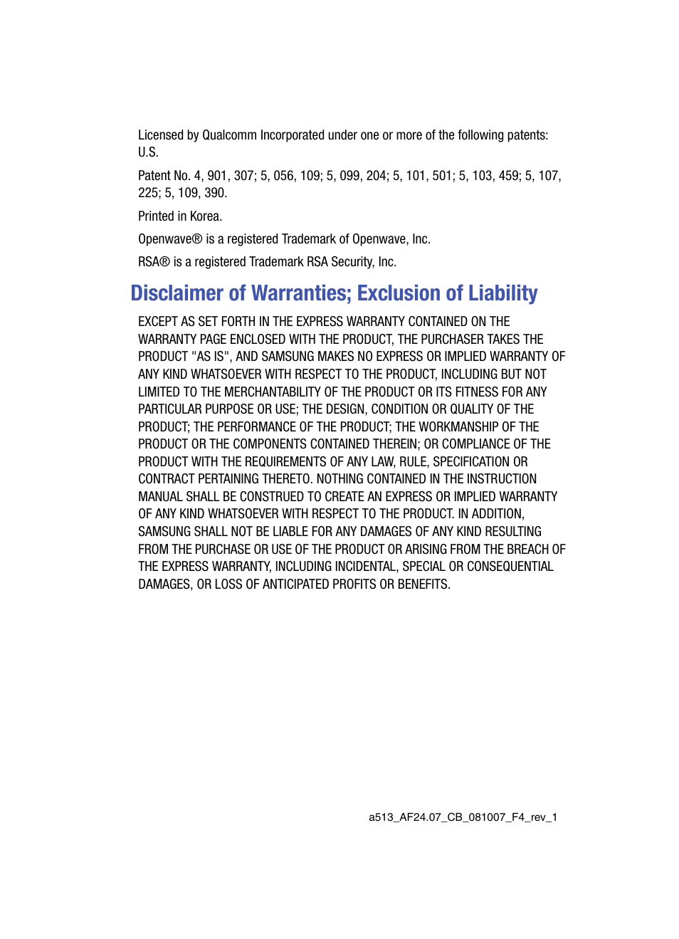 Disclaimer of warranties; exclusion of liability | Samsung SPH-A513BKASKE User Manual | Page 3 / 197