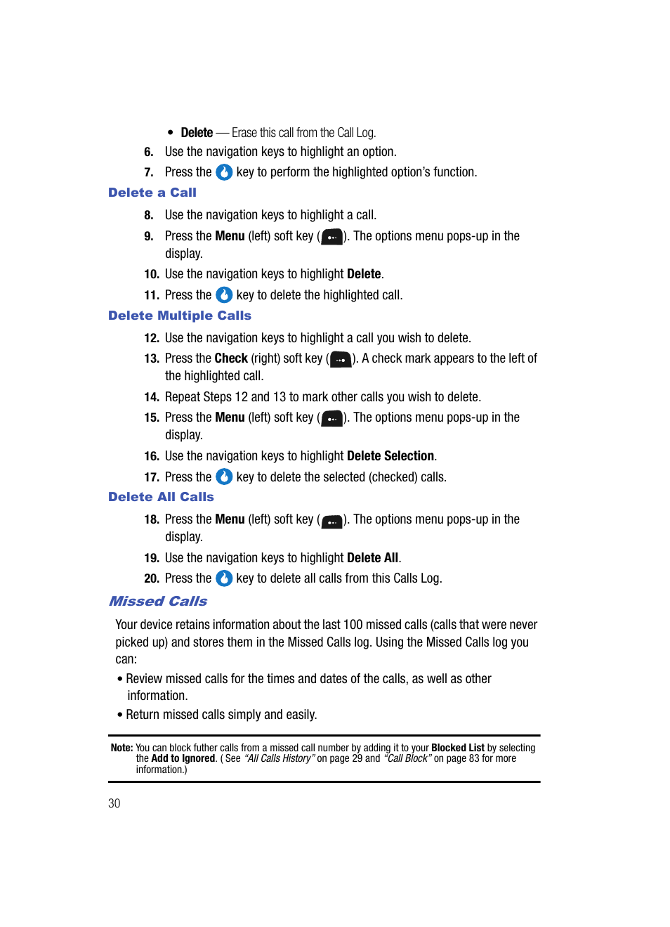 Delete a call, Delete multiple calls, Delete all calls | Missed calls | Samsung SPH-A513BKASKE User Manual | Page 30 / 197