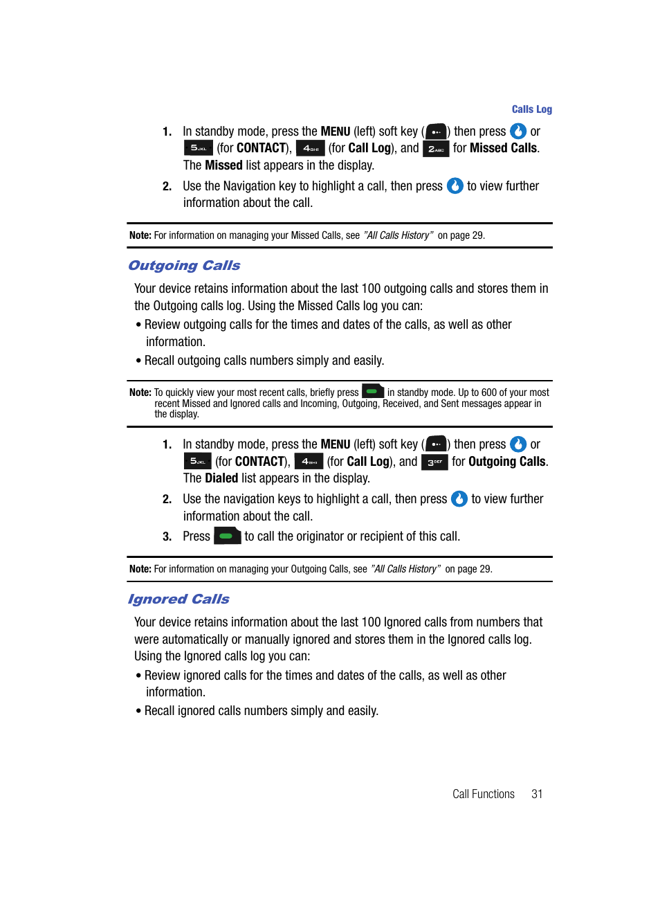 Outgoing calls, Ignored calls | Samsung SPH-A513BKASKE User Manual | Page 31 / 197
