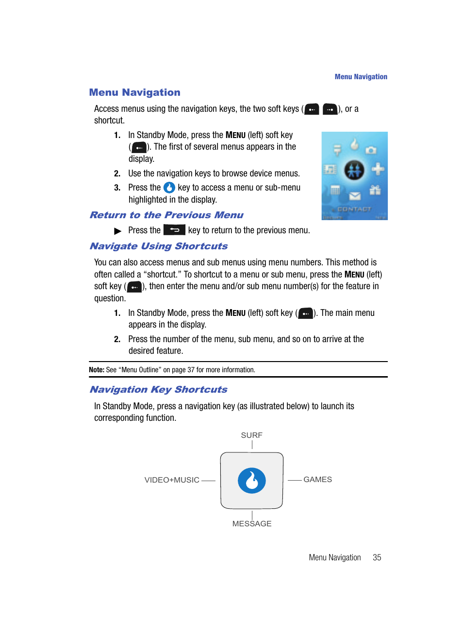 Menu navigation, Return to the previous menu, Navigate using shortcuts | Navigation key shortcuts | Samsung SPH-A513BKASKE User Manual | Page 35 / 197