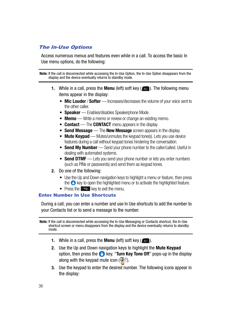 The in-use options, Enter number in use shortcuts | Samsung SPH-A513BKASKE User Manual | Page 36 / 197