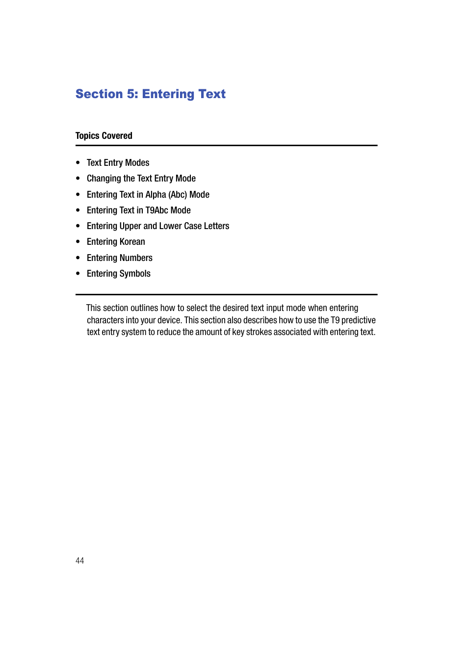 Section 5: entering text, Entering text | Samsung SPH-A513BKASKE User Manual | Page 44 / 197