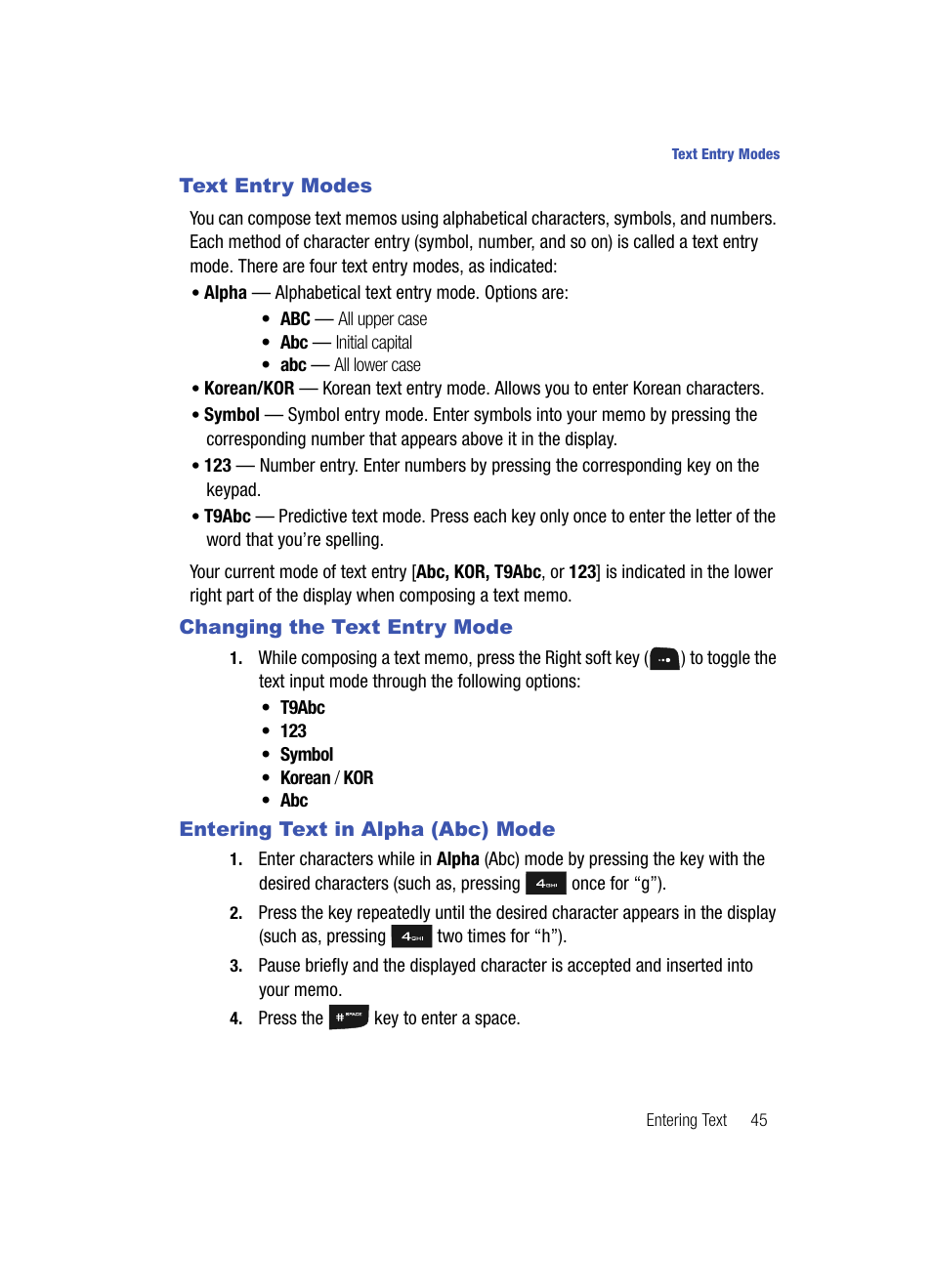 Text entry modes, Changing the text entry mode, Entering text in alpha (abc) mode | Samsung SPH-A513BKASKE User Manual | Page 45 / 197