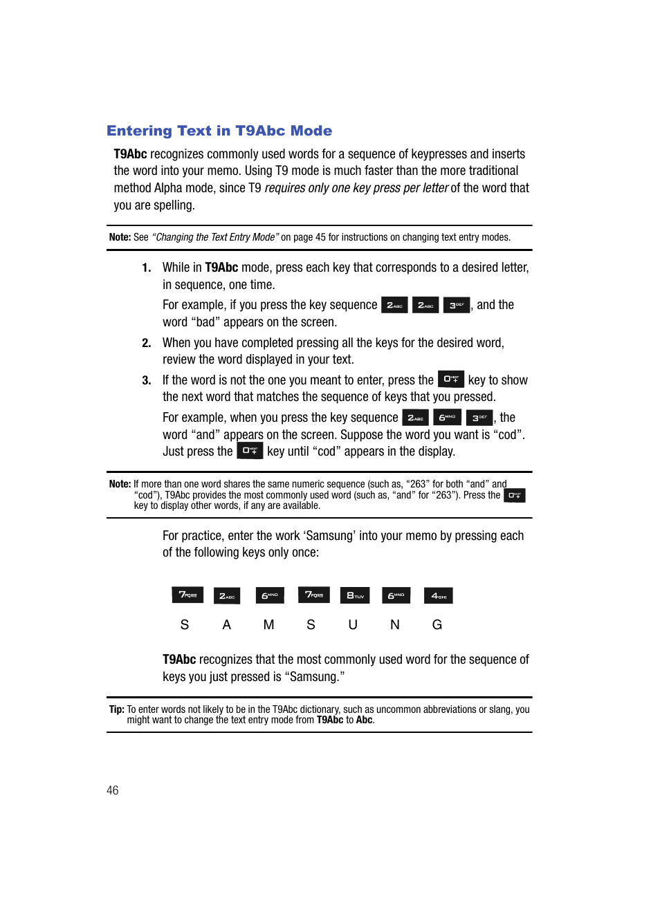 Entering text in t9abc mode | Samsung SPH-A513BKASKE User Manual | Page 46 / 197