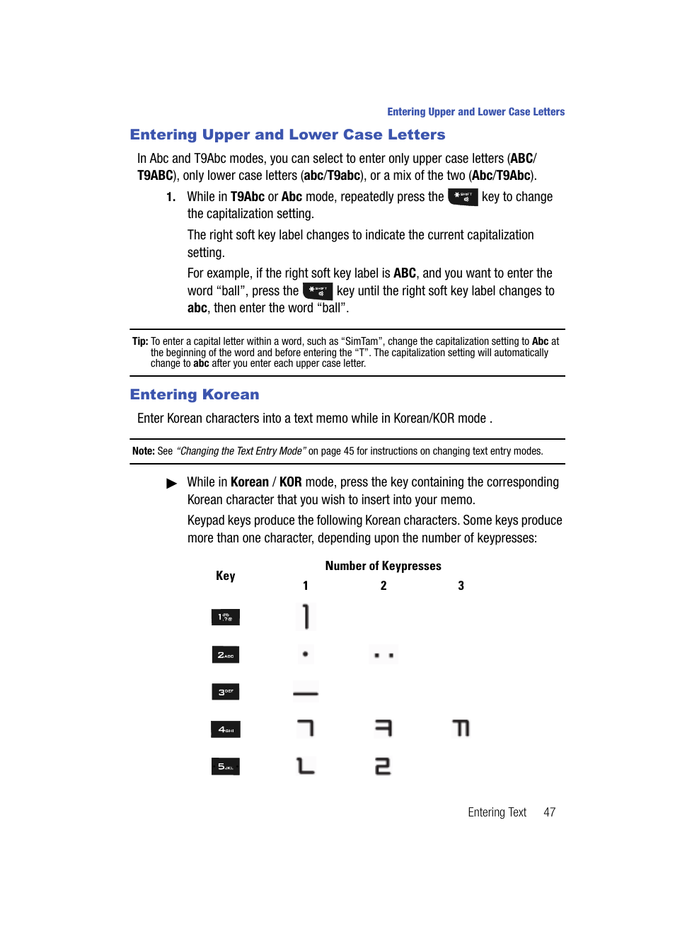 Entering upper and lower case letters, Entering korean | Samsung SPH-A513BKASKE User Manual | Page 47 / 197