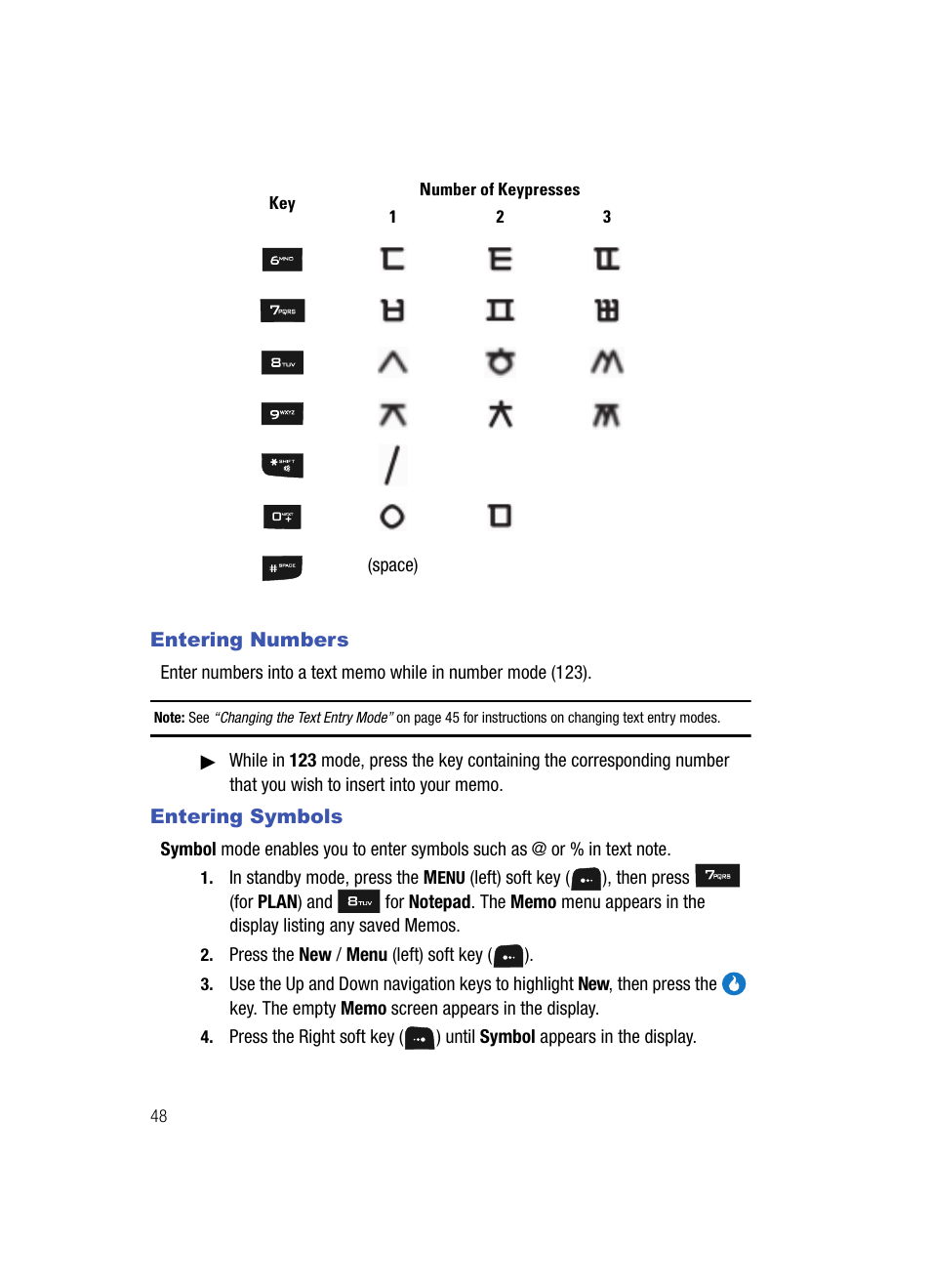 Entering numbers, Entering symbols, Entering numbers entering symbols | Samsung SPH-A513BKASKE User Manual | Page 48 / 197