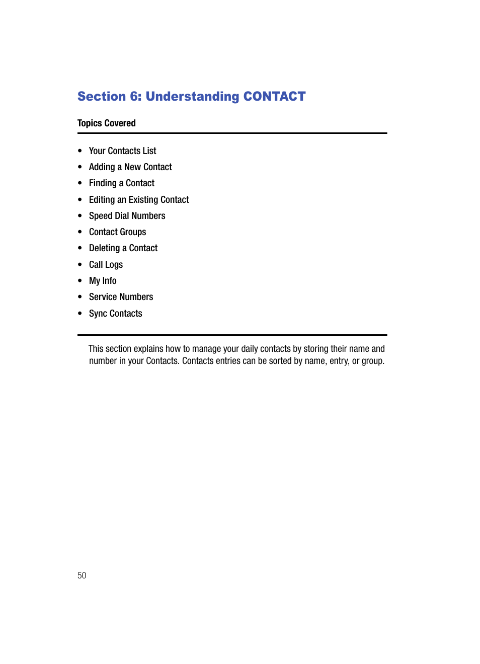 Section 6: understanding contact, Understanding contact | Samsung SPH-A513BKASKE User Manual | Page 50 / 197