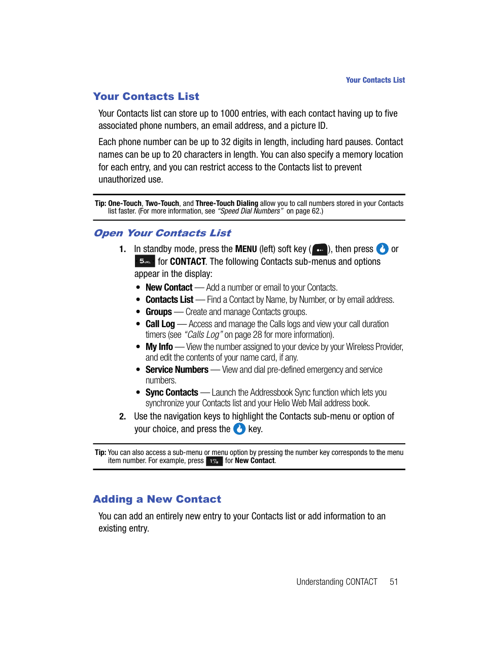 Your contacts list, Open your contacts list, Adding a new contact | Your contacts list adding a new contact | Samsung SPH-A513BKASKE User Manual | Page 51 / 197