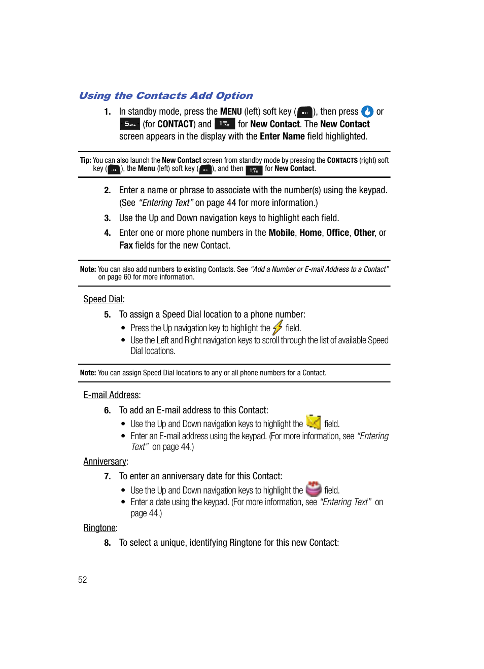 Using the contacts add option | Samsung SPH-A513BKASKE User Manual | Page 52 / 197