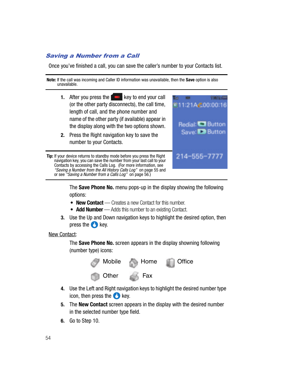 Saving a number from a call | Samsung SPH-A513BKASKE User Manual | Page 54 / 197