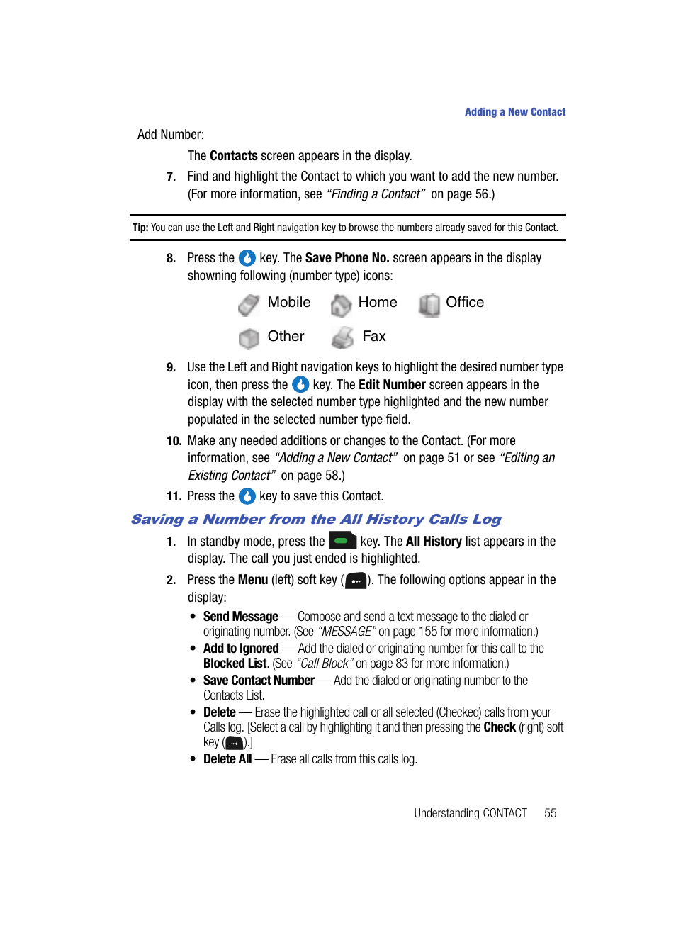 Saving a number from the all history calls log | Samsung SPH-A513BKASKE User Manual | Page 55 / 197