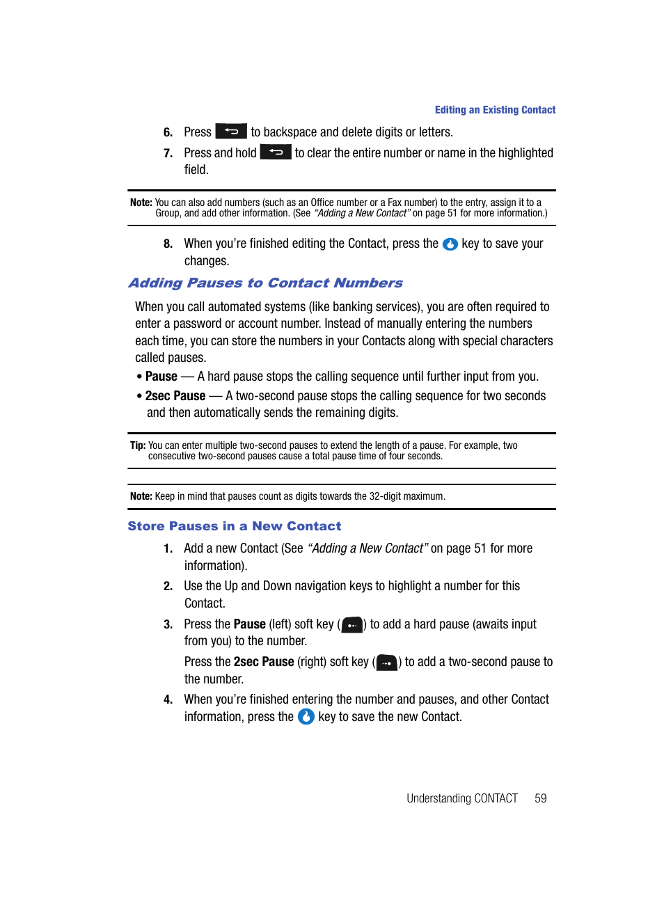 Adding pauses to contact numbers, Store pauses in a new contact | Samsung SPH-A513BKASKE User Manual | Page 59 / 197