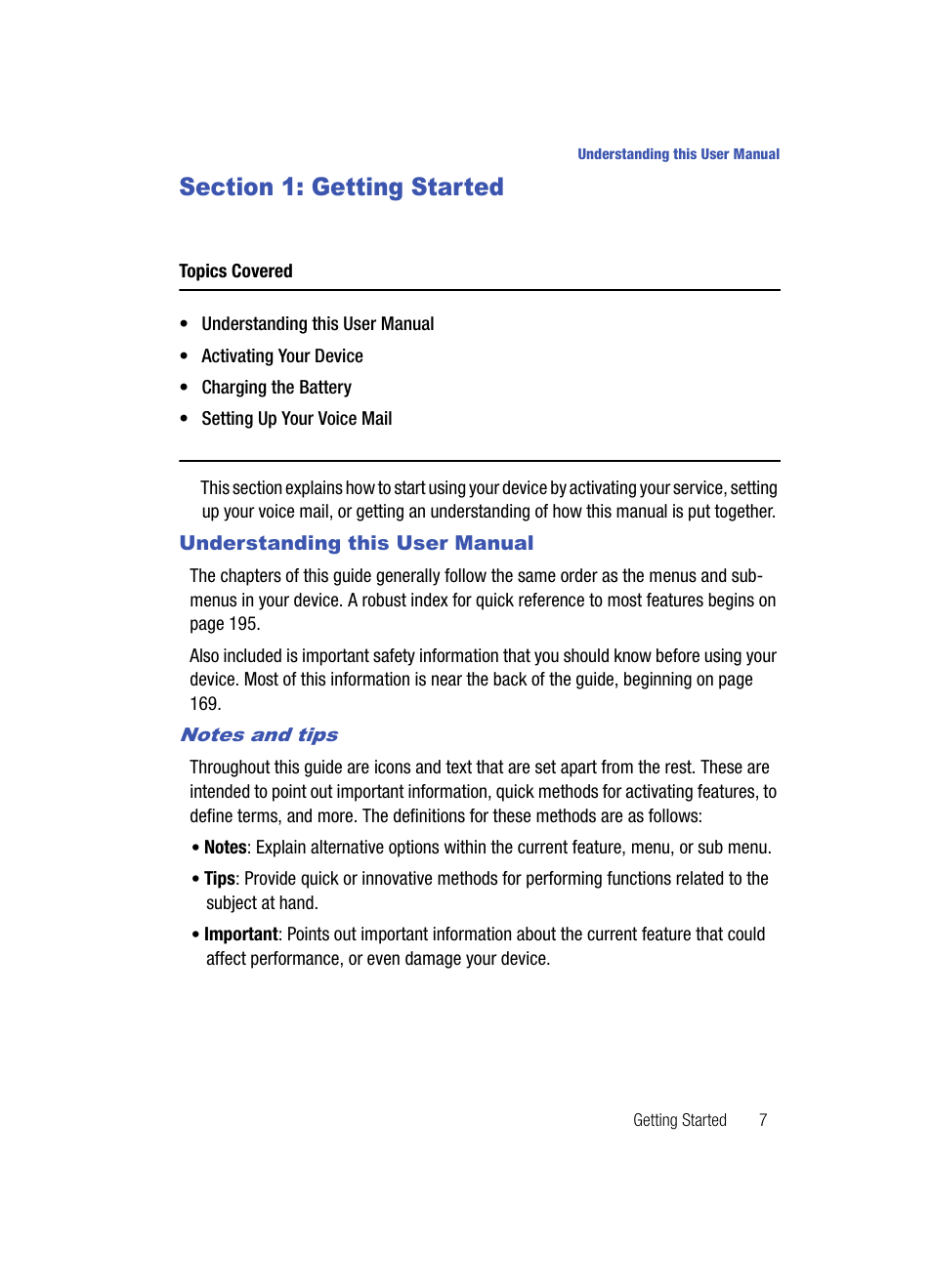 Section 1: getting started, Understanding this user manual, Notes and tips | Getting started | Samsung SPH-A513BKASKE User Manual | Page 7 / 197