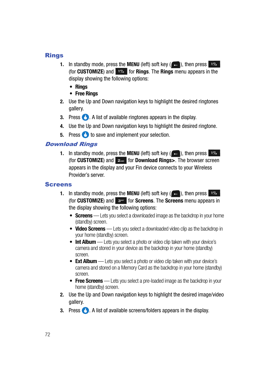 Rings, Download rings, Screens | Rings screens | Samsung SPH-A513BKASKE User Manual | Page 72 / 197