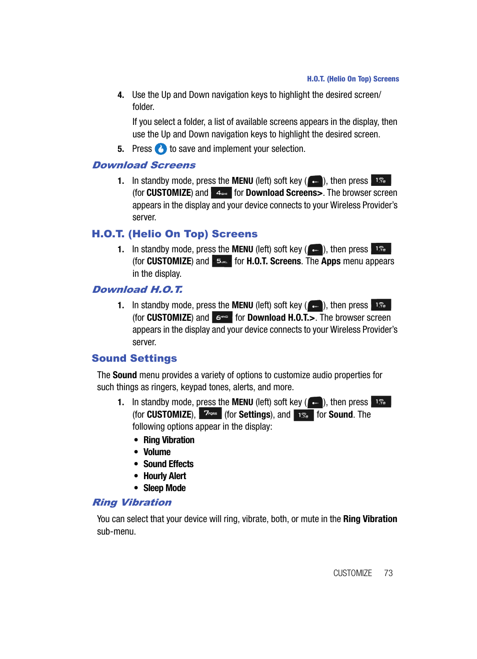 Download screens, H.o.t. (helio on top) screens, Download h.o.t | Sound settings, Ring vibration, H.o.t. (helio on top) screens sound settings | Samsung SPH-A513BKASKE User Manual | Page 73 / 197