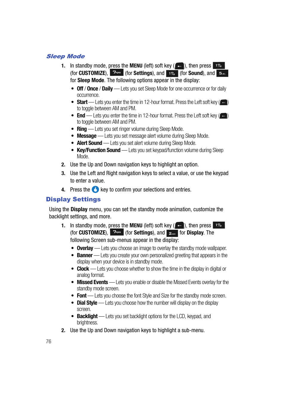 Sleep mode, Display settings | Samsung SPH-A513BKASKE User Manual | Page 76 / 197