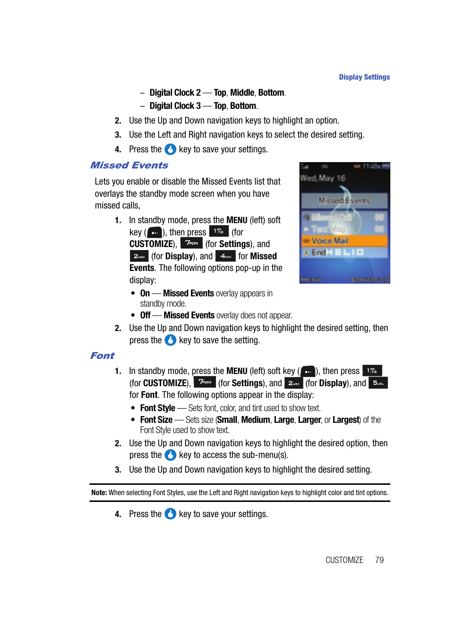 Missed events, Font | Samsung SPH-A513BKASKE User Manual | Page 79 / 197