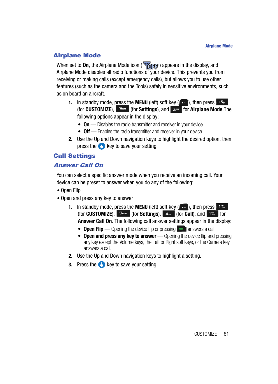 Airplane mode, Call settings, Answer call on | Airplane mode call settings | Samsung SPH-A513BKASKE User Manual | Page 81 / 197