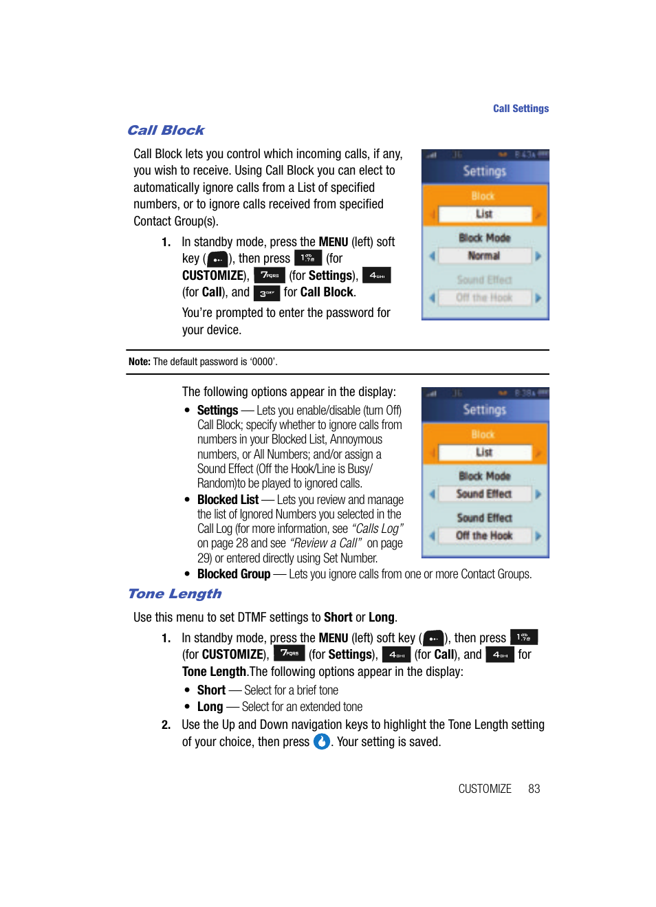 Call block, Tone length | Samsung SPH-A513BKASKE User Manual | Page 83 / 197