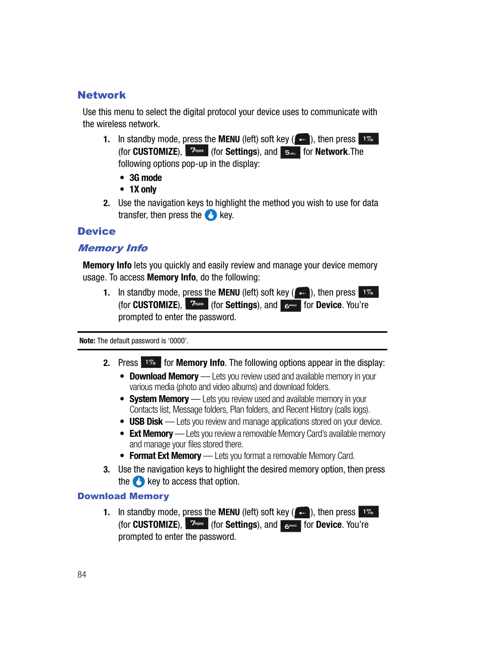 Network, Device, Memory info | Download memory, Network device | Samsung SPH-A513BKASKE User Manual | Page 84 / 197