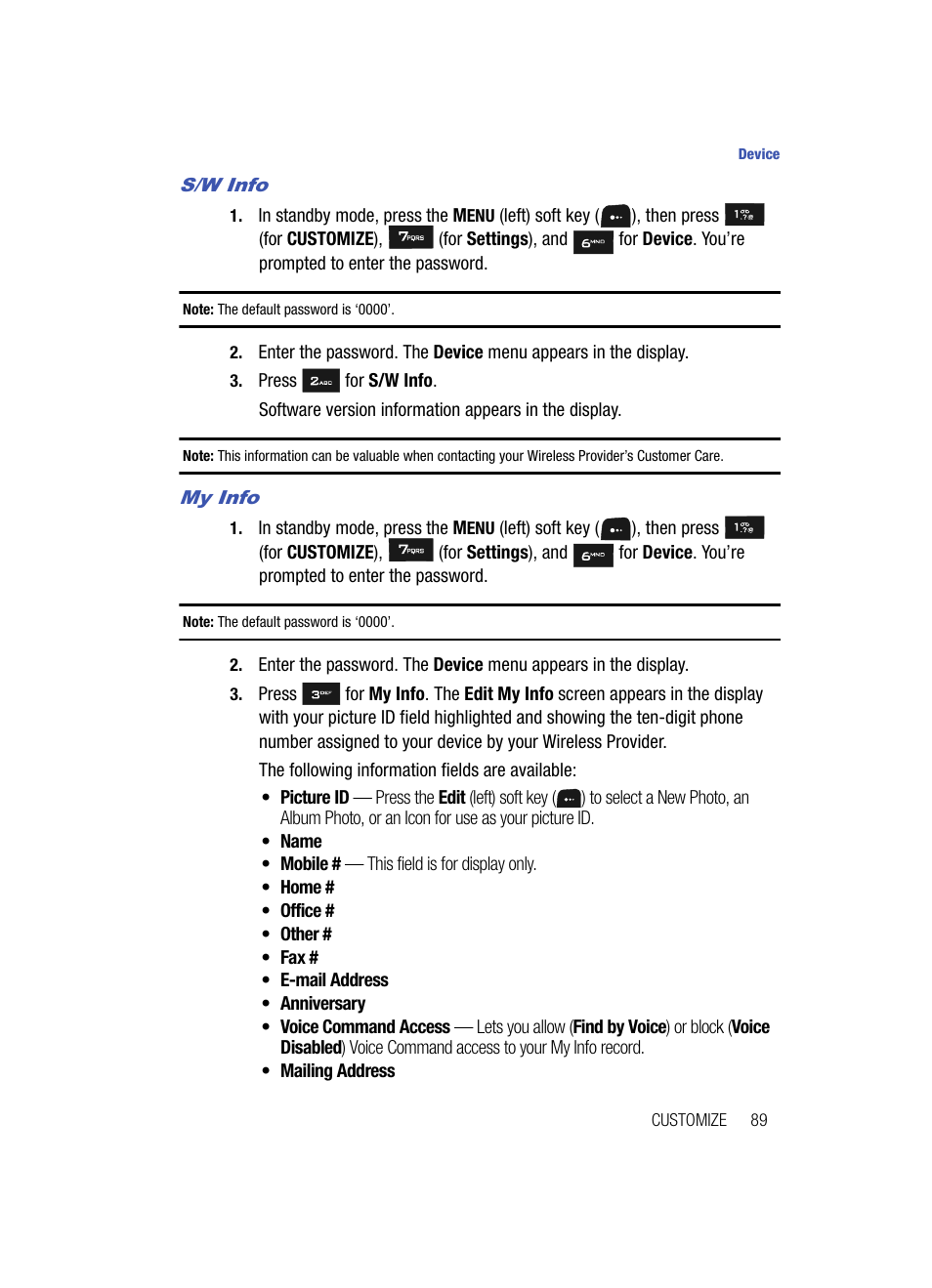 S/w info, My info | Samsung SPH-A513BKASKE User Manual | Page 89 / 197