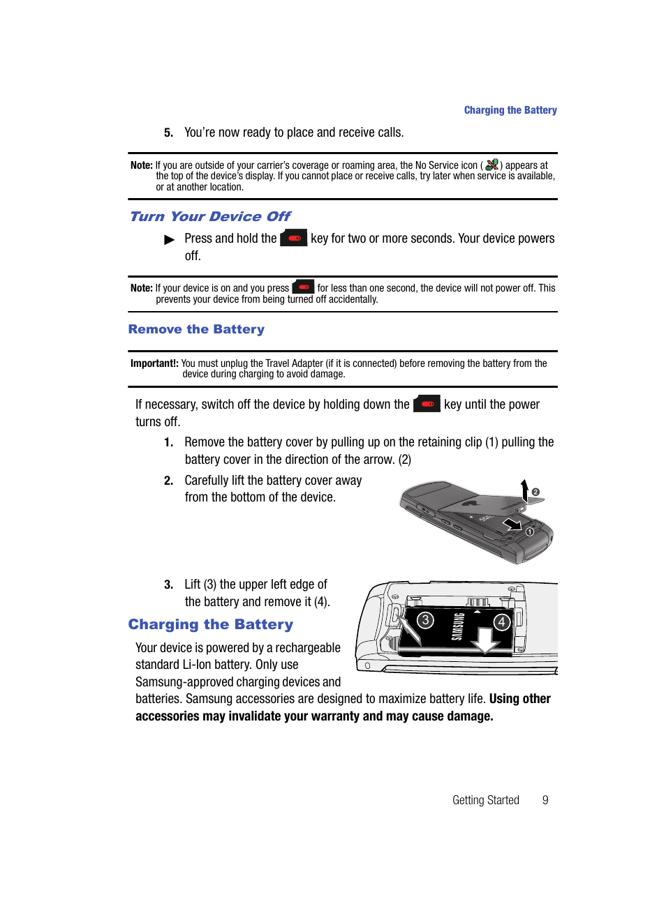 Turn your device off, Remove the battery, Charging the battery | Samsung SPH-A513BKASKE User Manual | Page 9 / 197