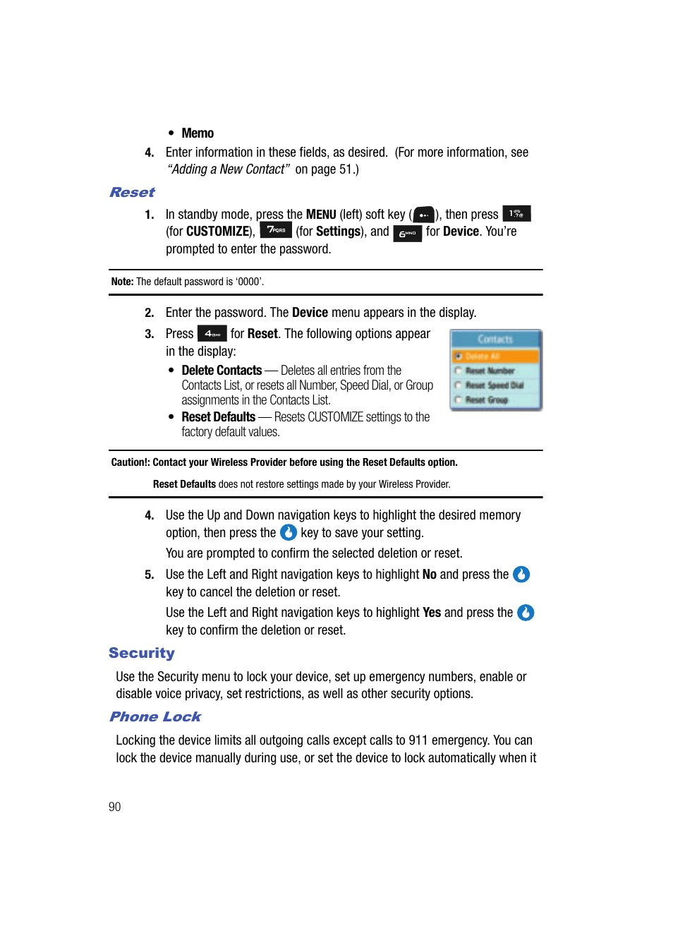 Reset, Security, Phone lock | Samsung SPH-A513BKASKE User Manual | Page 90 / 197