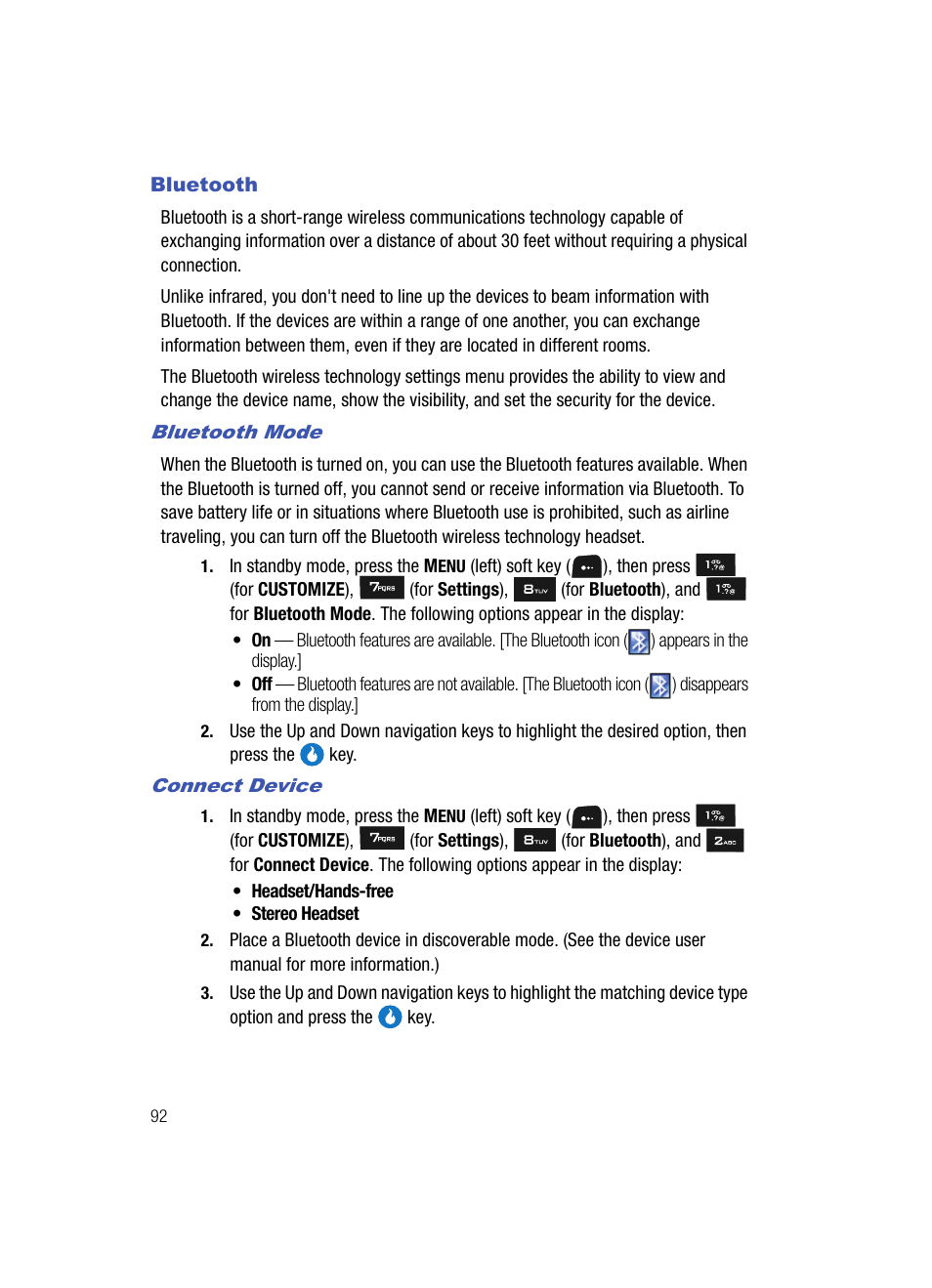 Bluetooth, Bluetooth mode, Connect device | Samsung SPH-A513BKASKE User Manual | Page 92 / 197