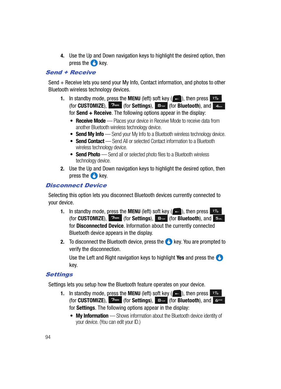 Send + receive, Disconnect device, Settings | Samsung SPH-A513BKASKE User Manual | Page 94 / 197