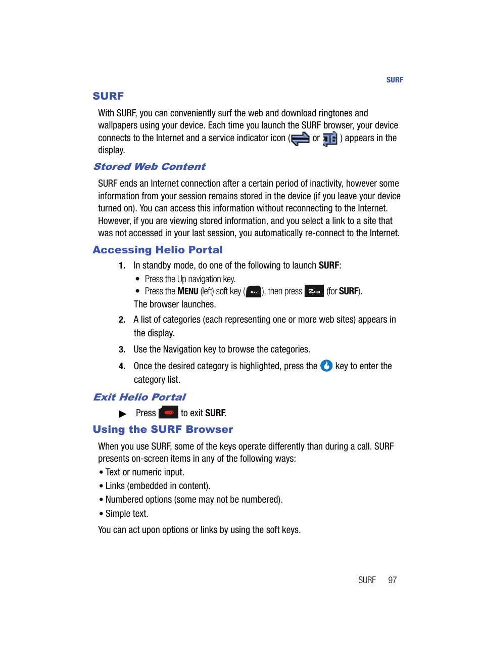 Surf, Stored web content, Accessing helio portal | Exit helio portal, Using the surf browser, Surf accessing helio portal using the surf browser | Samsung SPH-A513BKASKE User Manual | Page 97 / 197