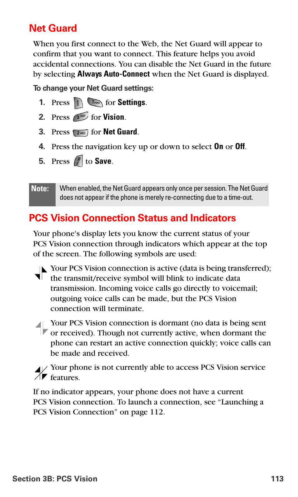 Net guard, Pcs vision connection status and indicators | Samsung SPH-A660MSPXAR User Manual | Page 121 / 190