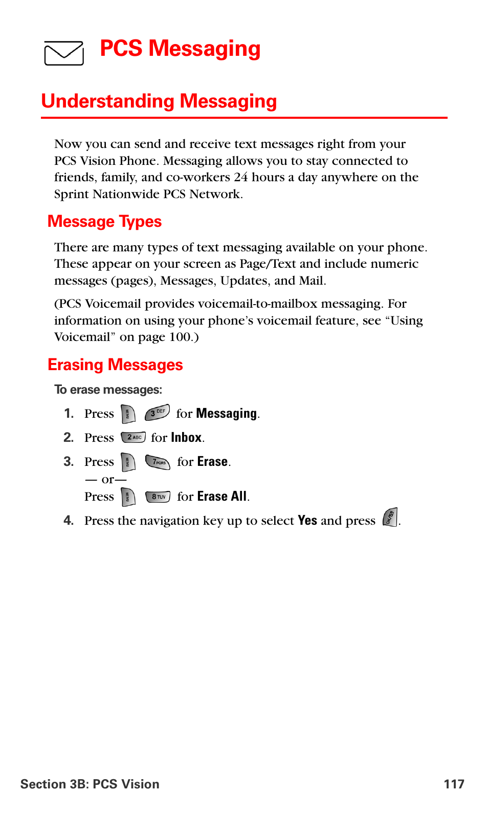 Understanding messaging, Message types, Erasing messages | Pcs messaging | Samsung SPH-A660MSPXAR User Manual | Page 125 / 190