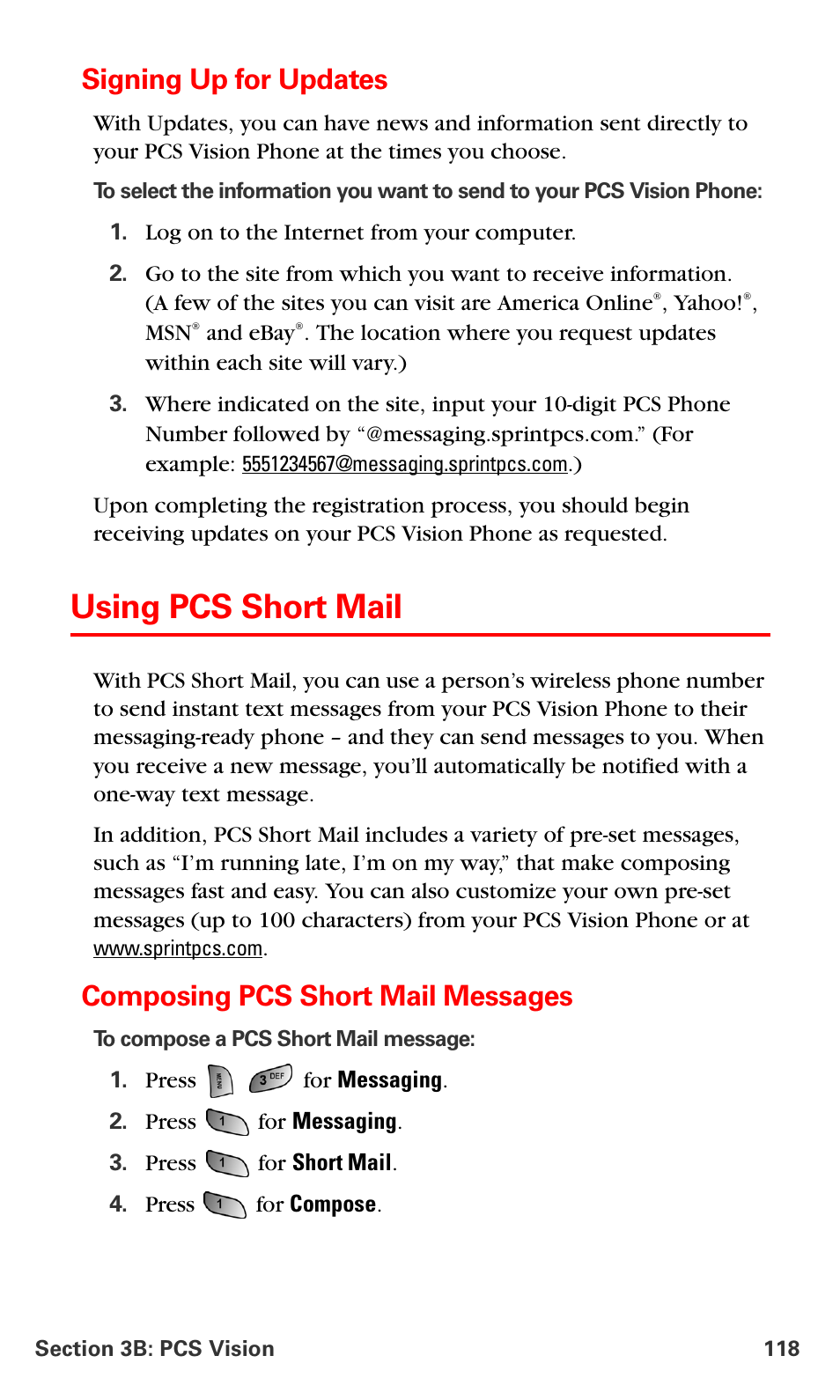 Signing up for updates, Using pcs short mail, Composing pcs short mail messages | Samsung SPH-A660MSPXAR User Manual | Page 126 / 190