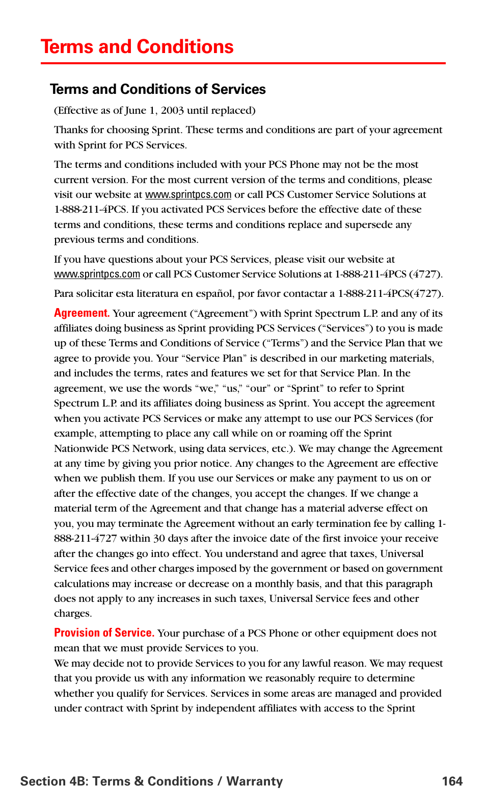 Terms and conditions, Terms and conditions of services | Samsung SPH-A660MSPXAR User Manual | Page 172 / 190