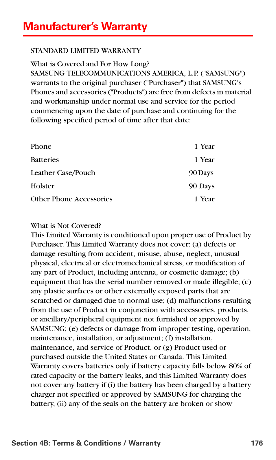 Manufacturer’s warranty | Samsung SPH-A660MSPXAR User Manual | Page 184 / 190