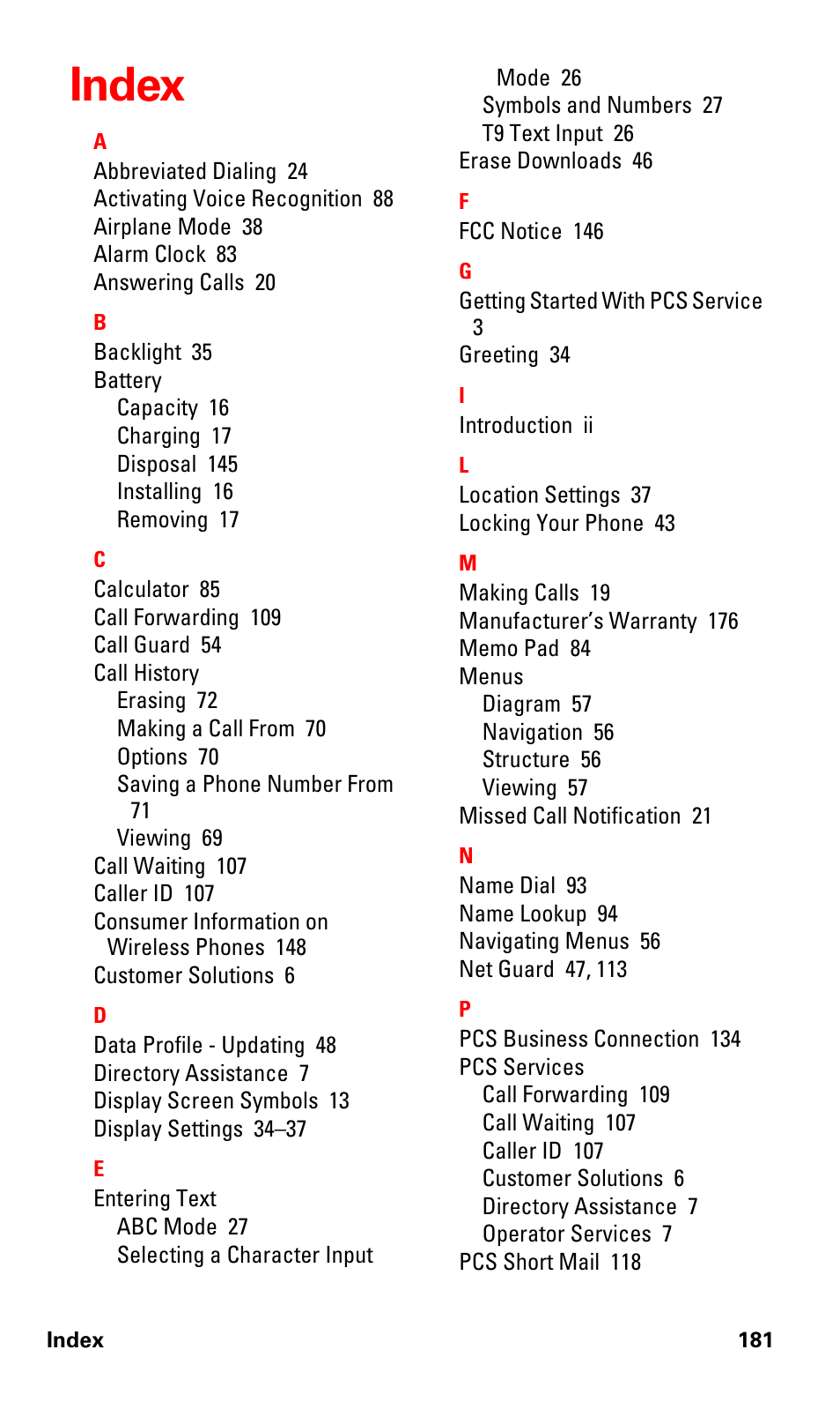 Index | Samsung SPH-A660MSPXAR User Manual | Page 189 / 190