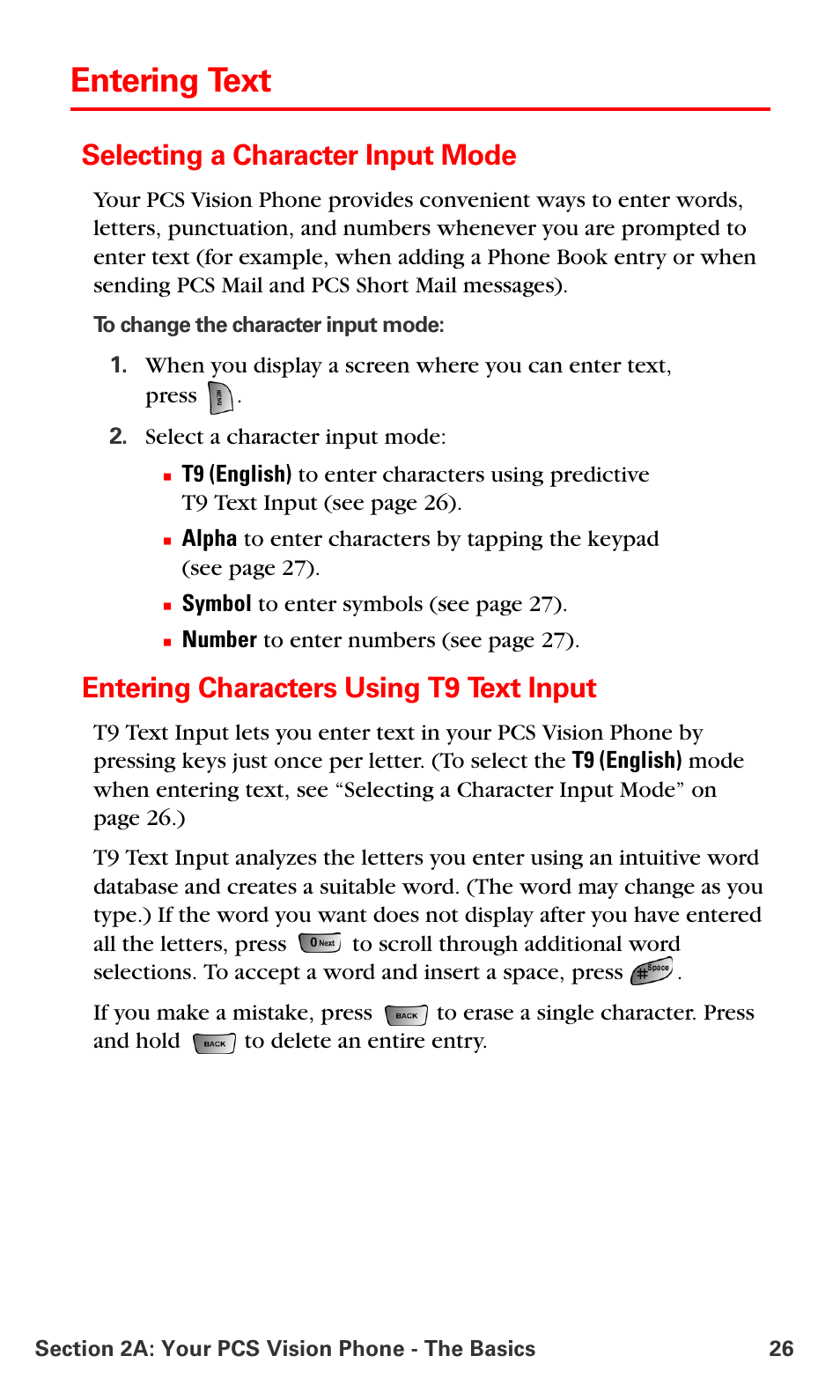 Entering text, Selecting a character input mode, Entering characters using t9 text input | Samsung SPH-A660MSPXAR User Manual | Page 34 / 190