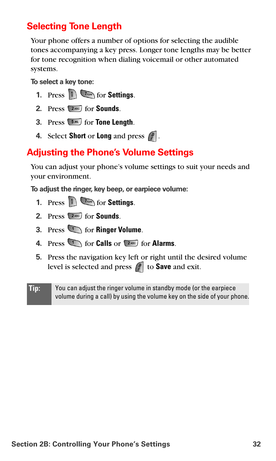 Selecting tone length, Adjusting the phone’s volume settings | Samsung SPH-A660MSPXAR User Manual | Page 40 / 190