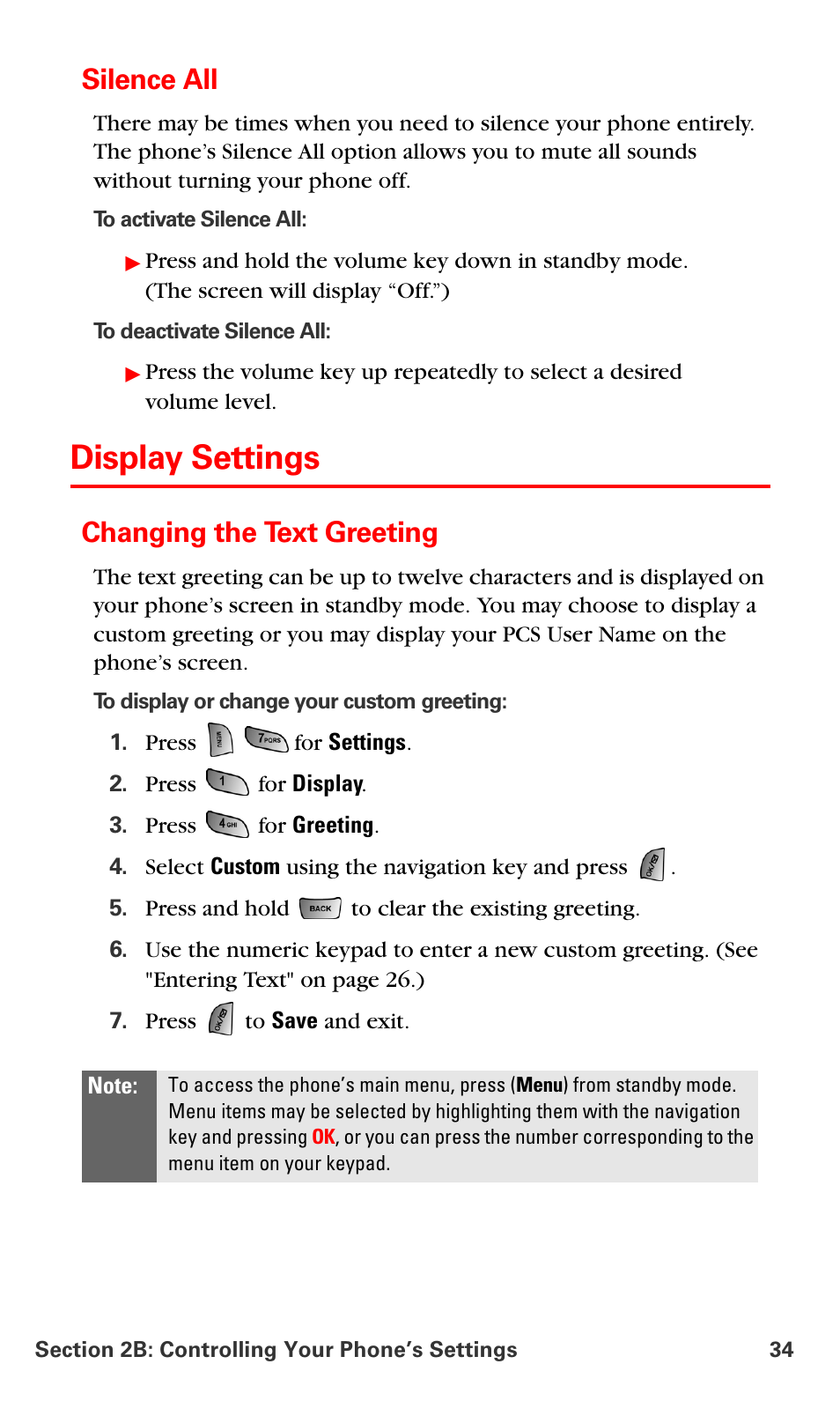 Silence all, Display settings, Changing the text greeting | Samsung SPH-A660MSPXAR User Manual | Page 42 / 190