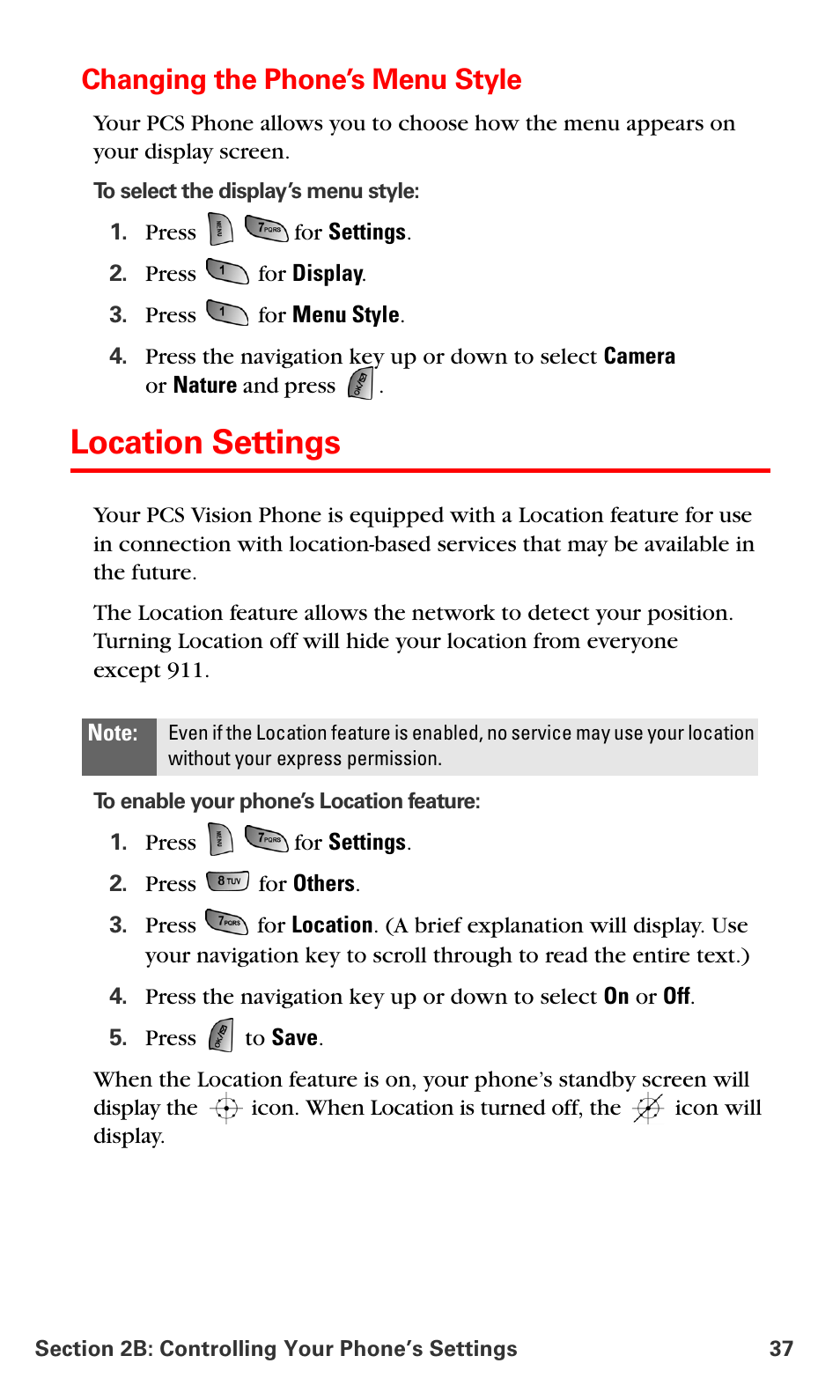Changing the phone’s menu style, Location settings | Samsung SPH-A660MSPXAR User Manual | Page 45 / 190