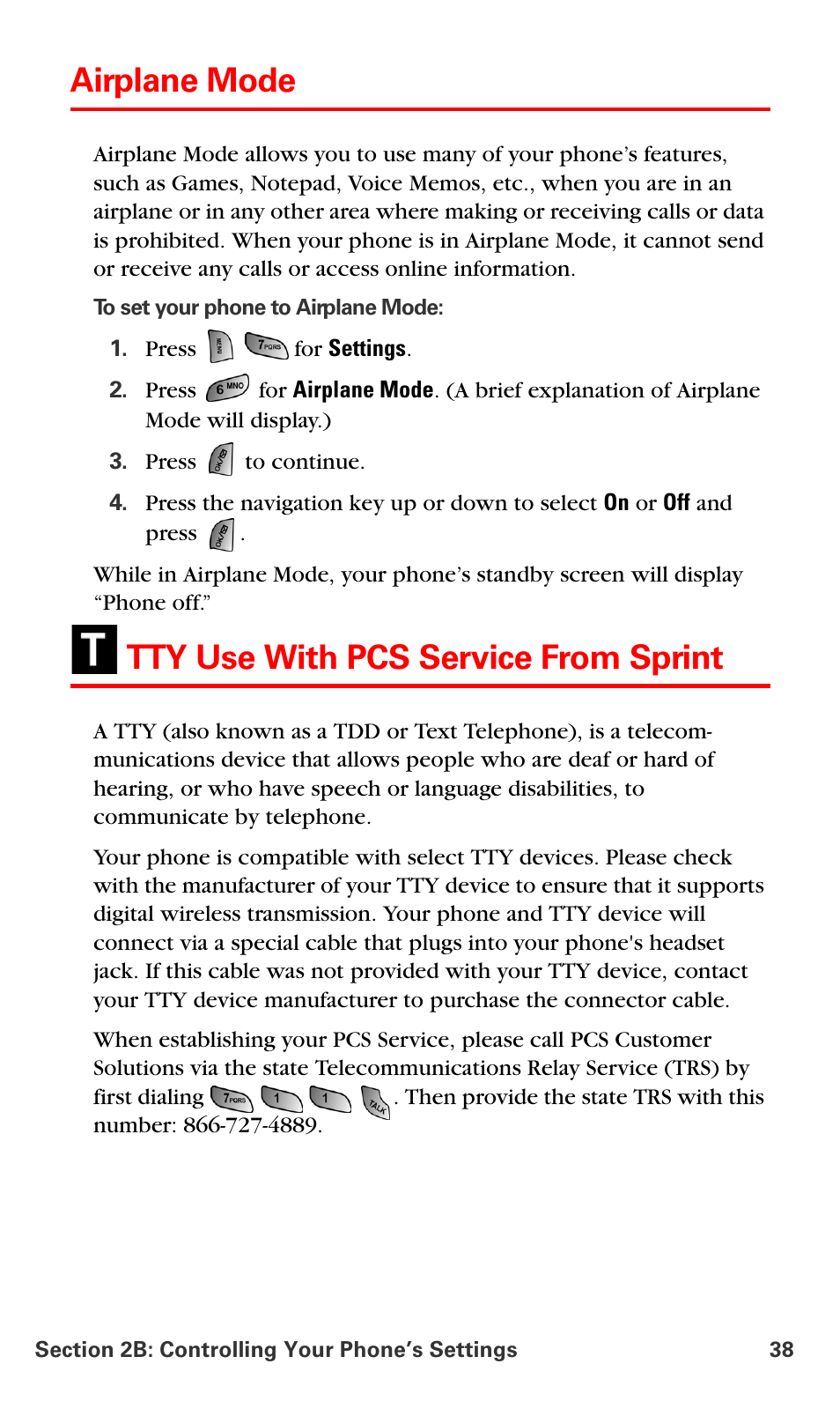 Airplane mode, Tty use with pcs service from sprint | Samsung SPH-A660MSPXAR User Manual | Page 46 / 190