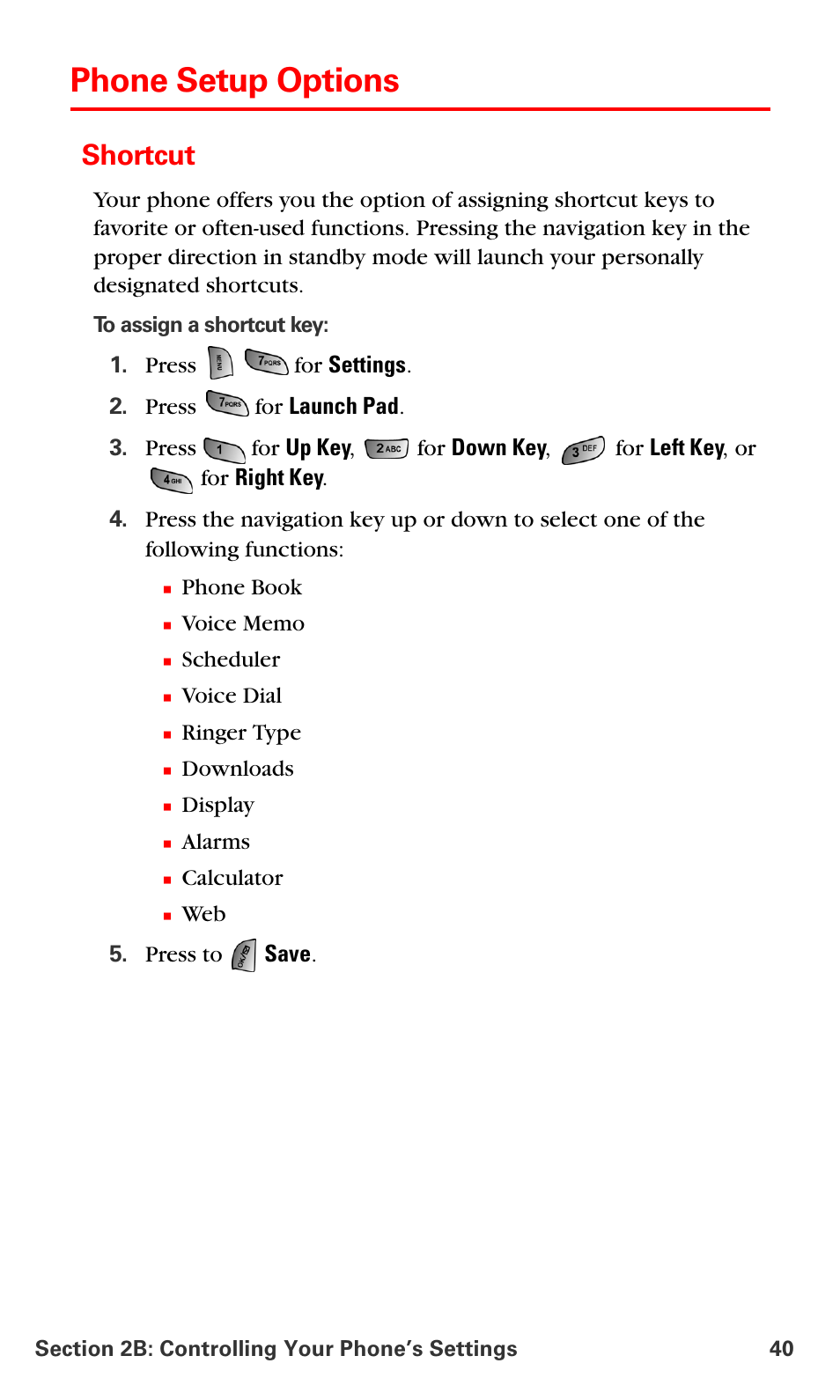 Phone setup options, Shortcut | Samsung SPH-A660MSPXAR User Manual | Page 48 / 190
