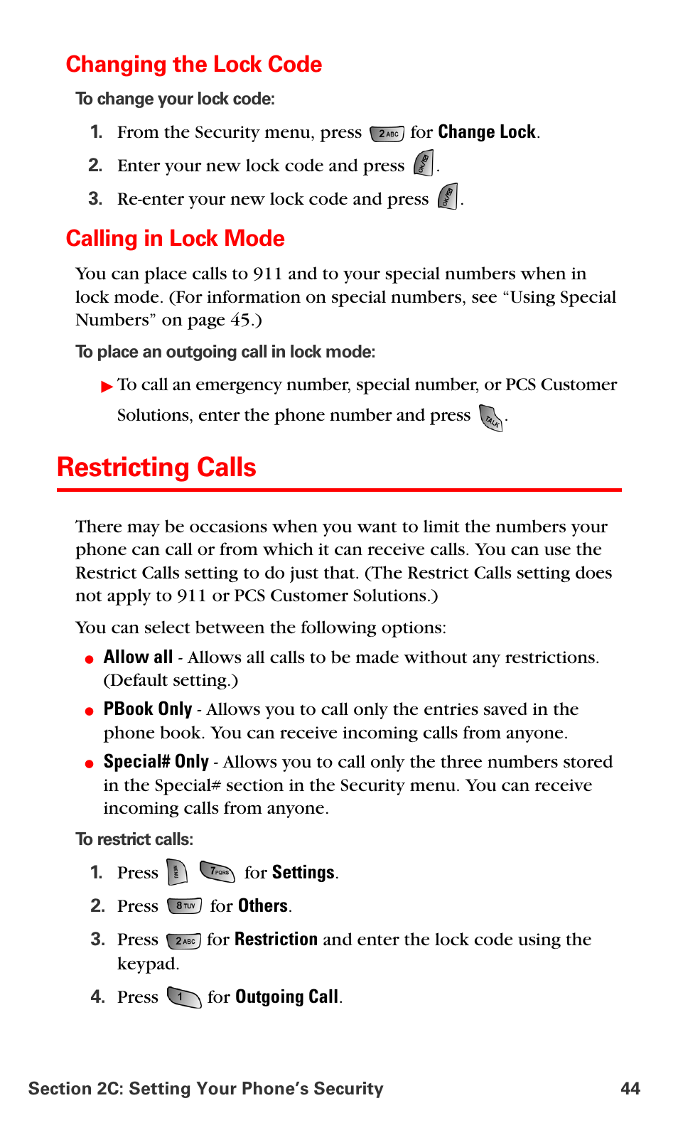 Changing the lock code, Calling in lock mode, Restricting calls | Samsung SPH-A660MSPXAR User Manual | Page 52 / 190