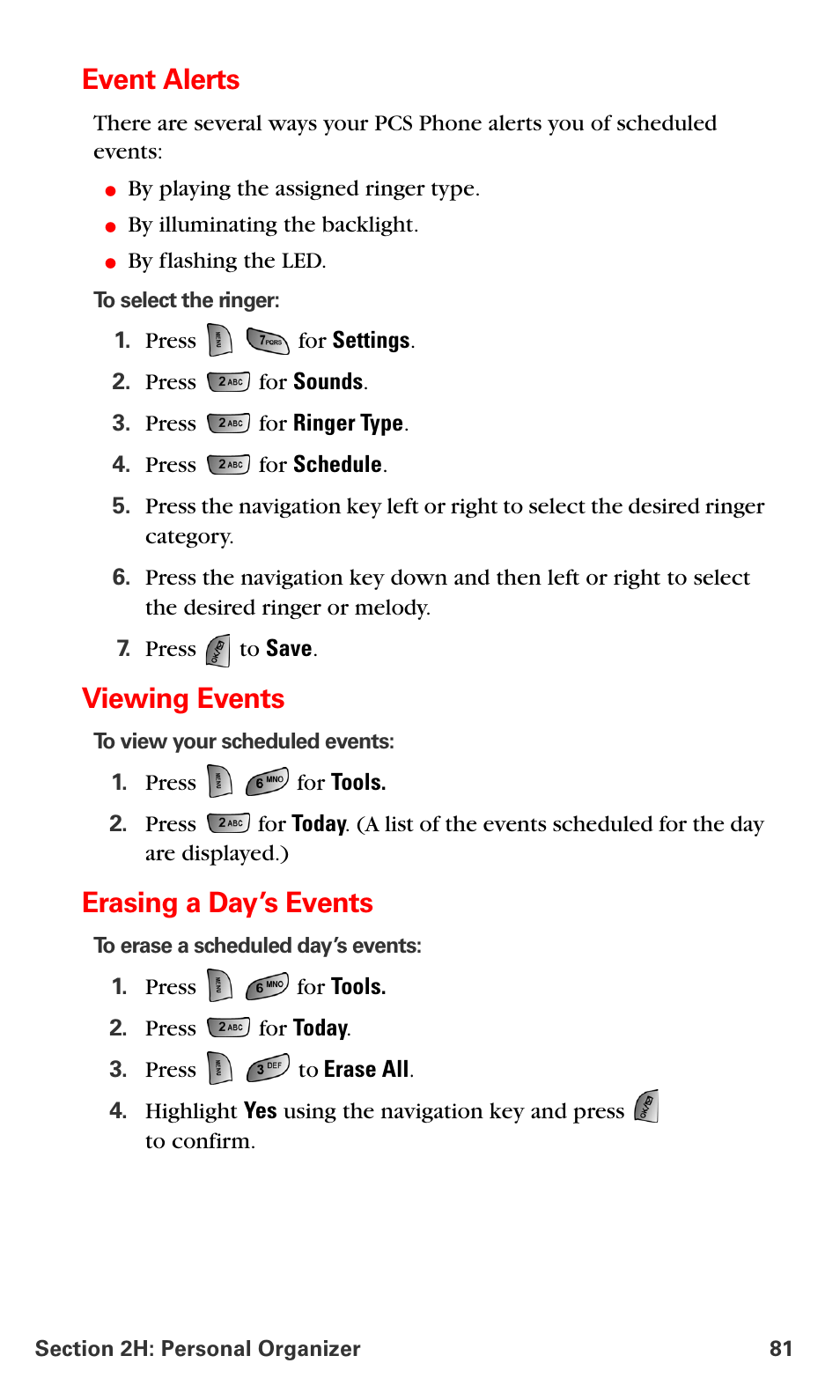 Event alerts, Viewing events, Erasing a day’s events | Samsung SPH-A660MSPXAR User Manual | Page 89 / 190