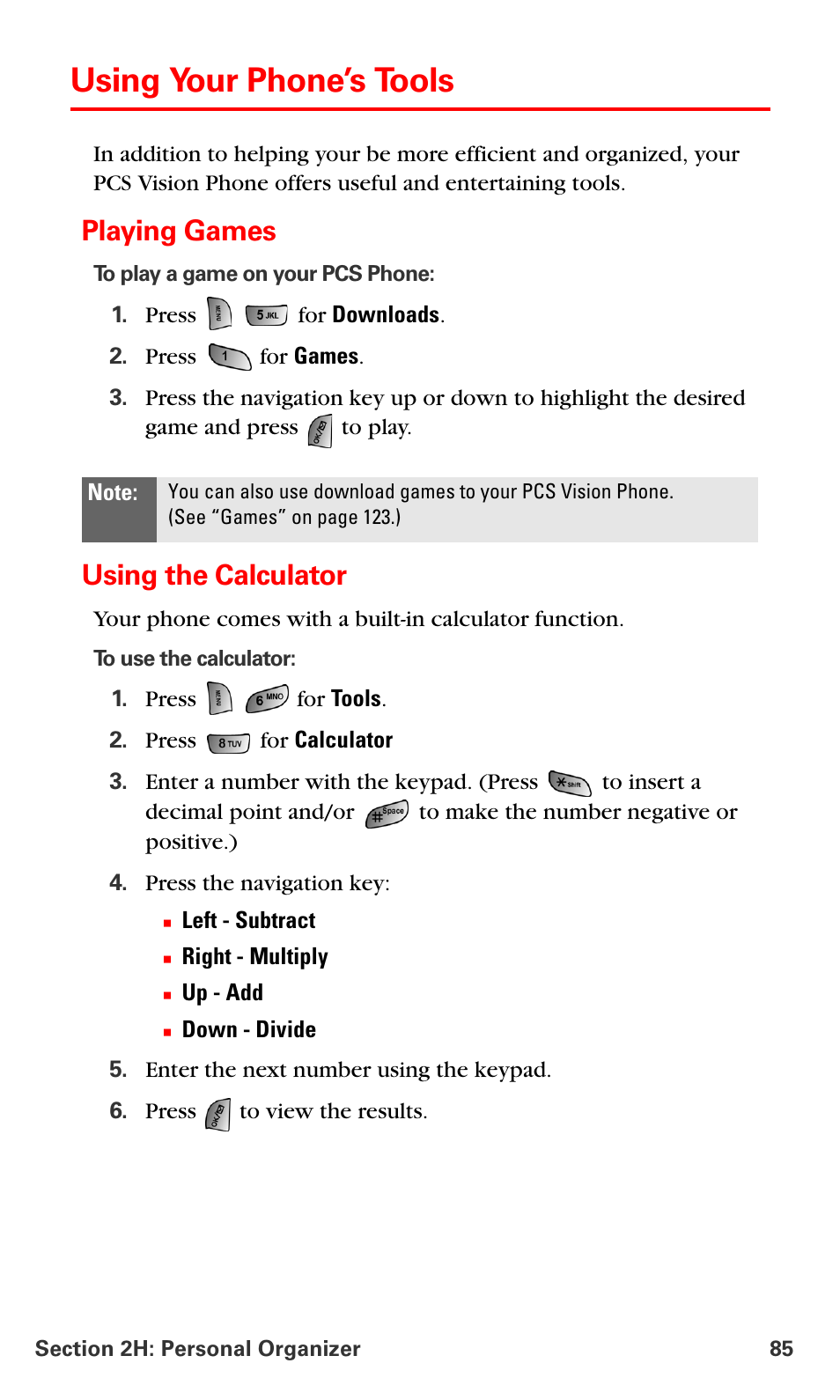 Using your phone’s tools, Playing games, Using the calculator | Samsung SPH-A660MSPXAR User Manual | Page 93 / 190