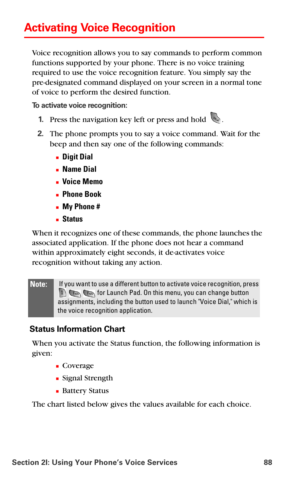 Activating voice recognition, Status information chart | Samsung SPH-A660MSPXAR User Manual | Page 96 / 190